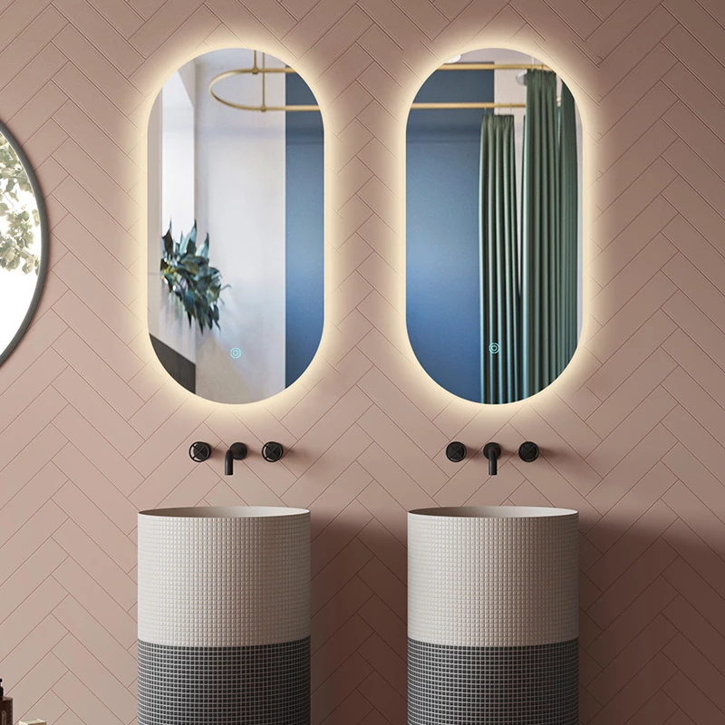 product led smart framed oval makeup vanity with lighted corner bathroom make up telescoping foldable mirror with lights around the edge-2