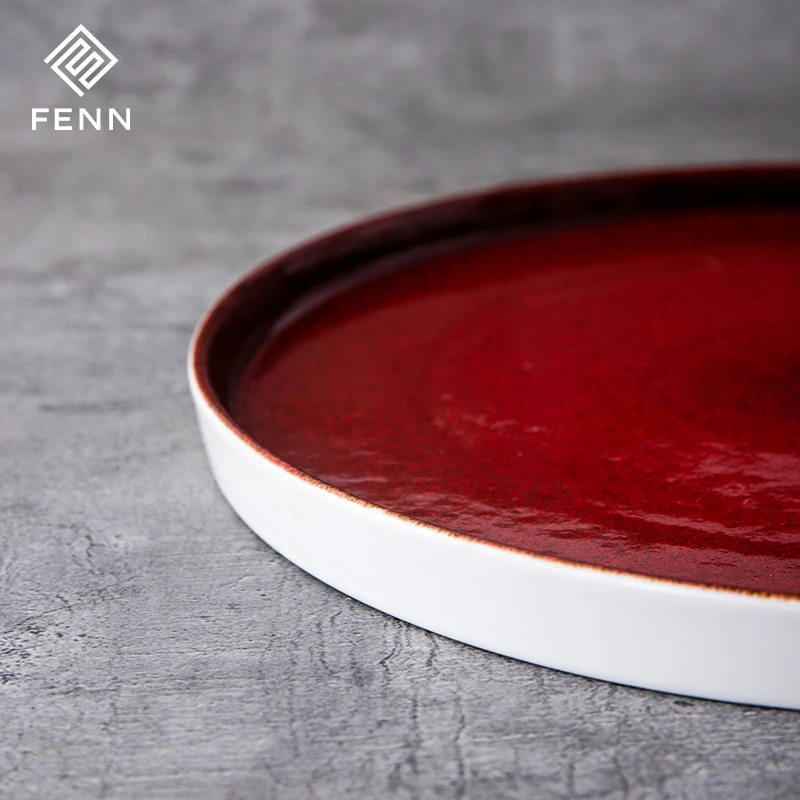 FENN Reactive Dark Red Color Ceramic Dinner Plate For Catering Restaurant Appetizers Plates Porcelain Dinner Plate