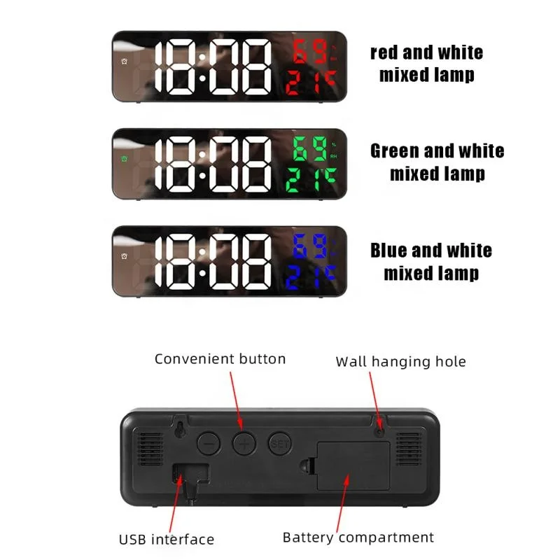 LED Mirror Digital Alarm Clock Electronic Temperature Wall Table Snooze Clock USB Watch Nightlight Home Office Smart Alarm Clock