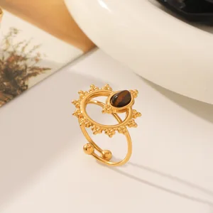 MW Vintage Style Stainless Steel Fashion Waterproof Geometric Rings Hollow Gold Plated Sun Flower Design Natural Stone Jewelry