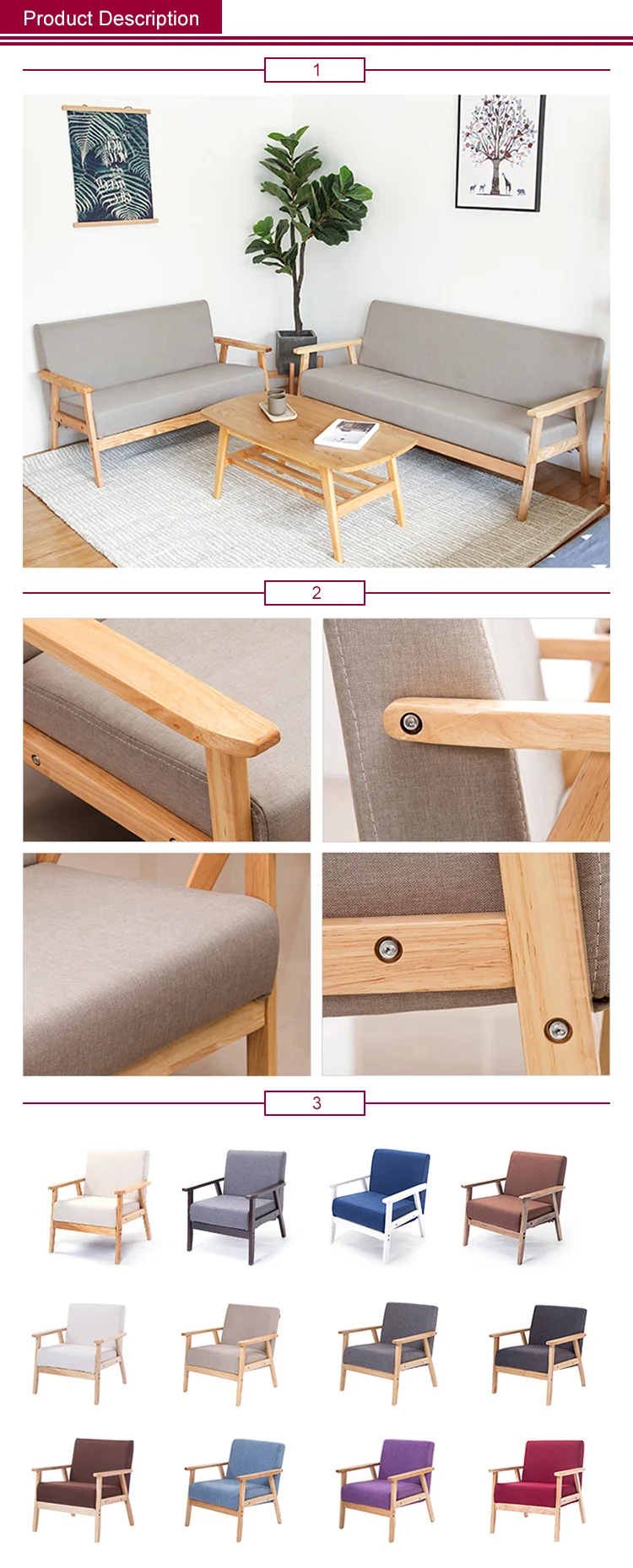 Upholstered Living Room Linen Sofa Wholesale Cheap Set  Furniture Wooden Sofa