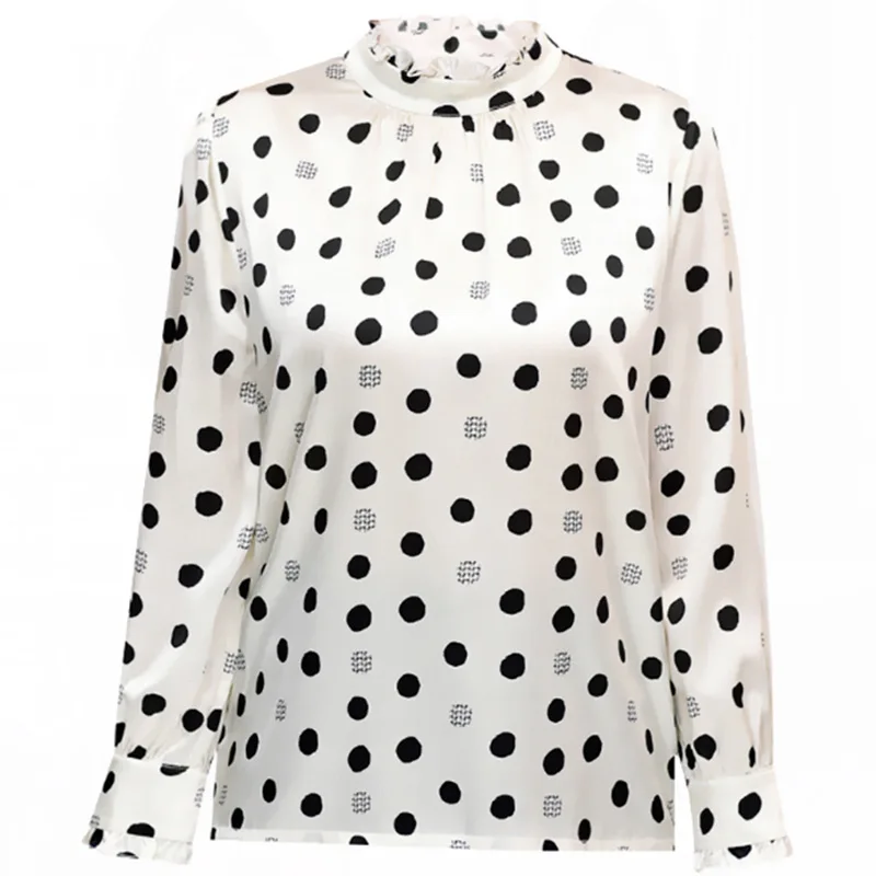 Spring and Autumn New Fashion women Polka Dots printing chiffon Shirt  Epaulet Long sleev…