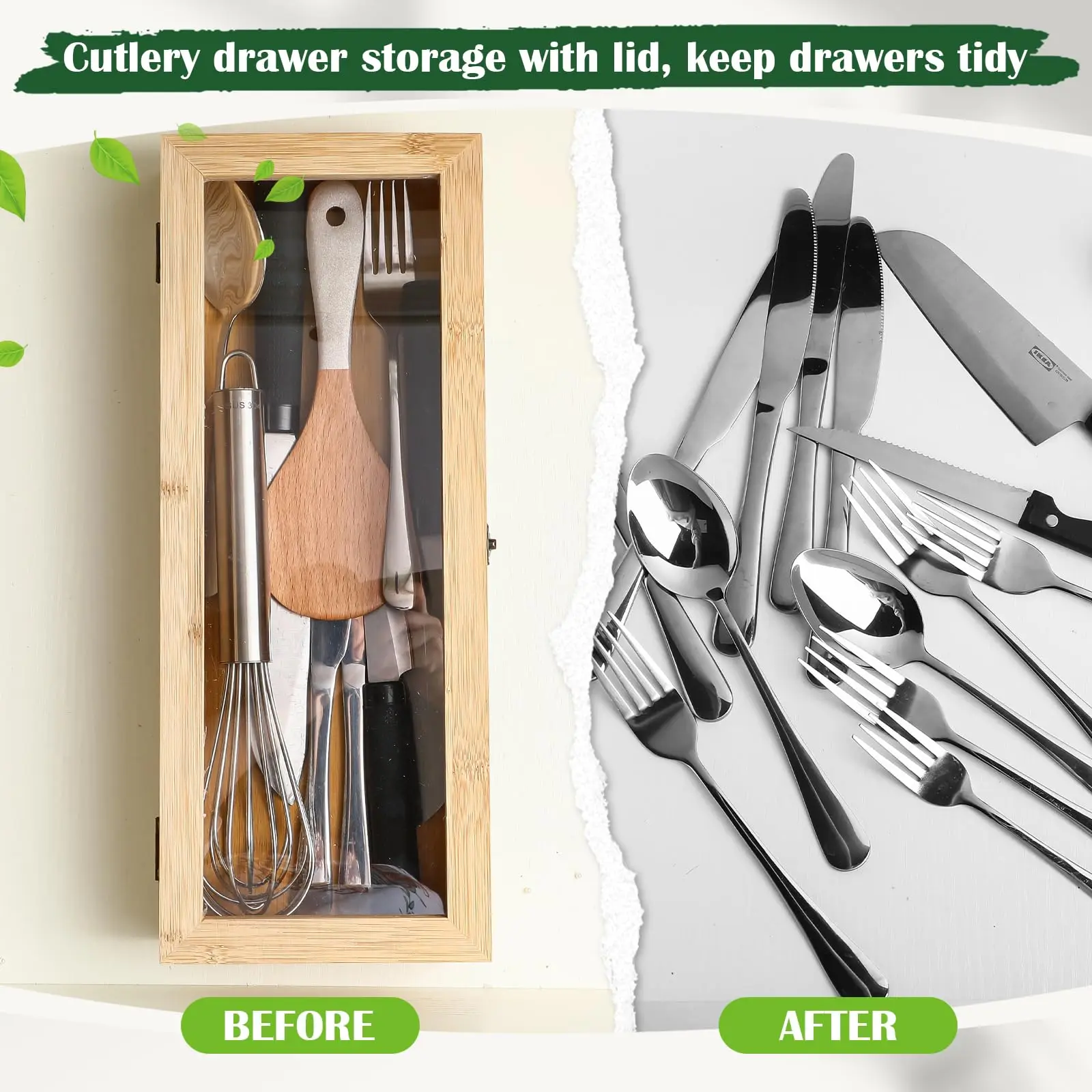 product bamboo kitchen utensil storage box with clear lid silverware flatware organizer for cutlery-9