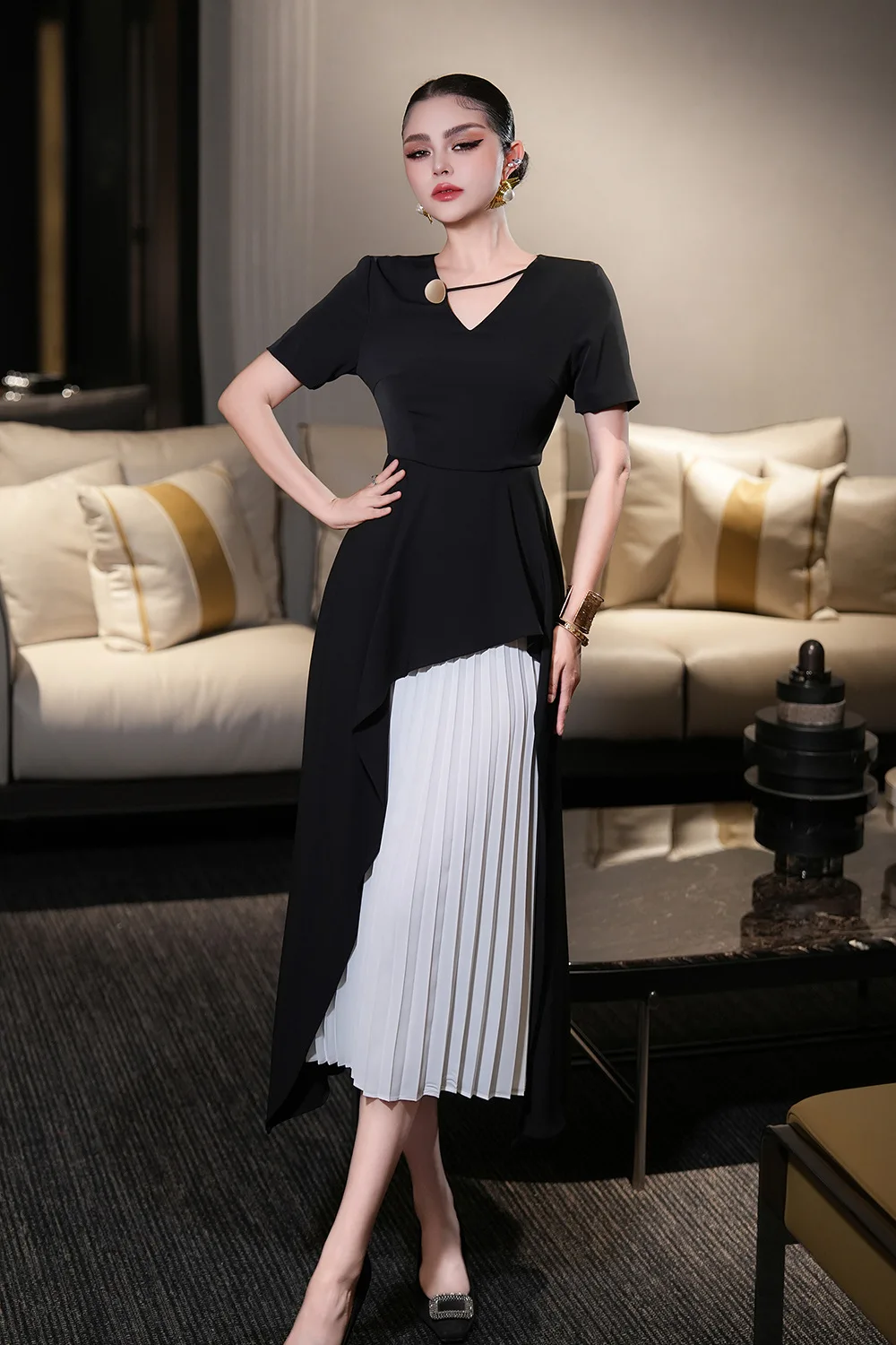Women's Retro Midi Pleated Dress Short Sleeve Black White Contrast for Office Empire Patchwork Ruffles Spring Summer Woven Solid Women's Retro Midi Pleated Dress Short Sleeve Black White Contrast for Office Empire Patchwork Ruffles Spring Summer Woven Solid