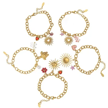 Fashion Stainless Steel Golden Heart Sun Sea Turtle Pendant Starfish Flower Pearl Charm Adjustable Chain Bracelet