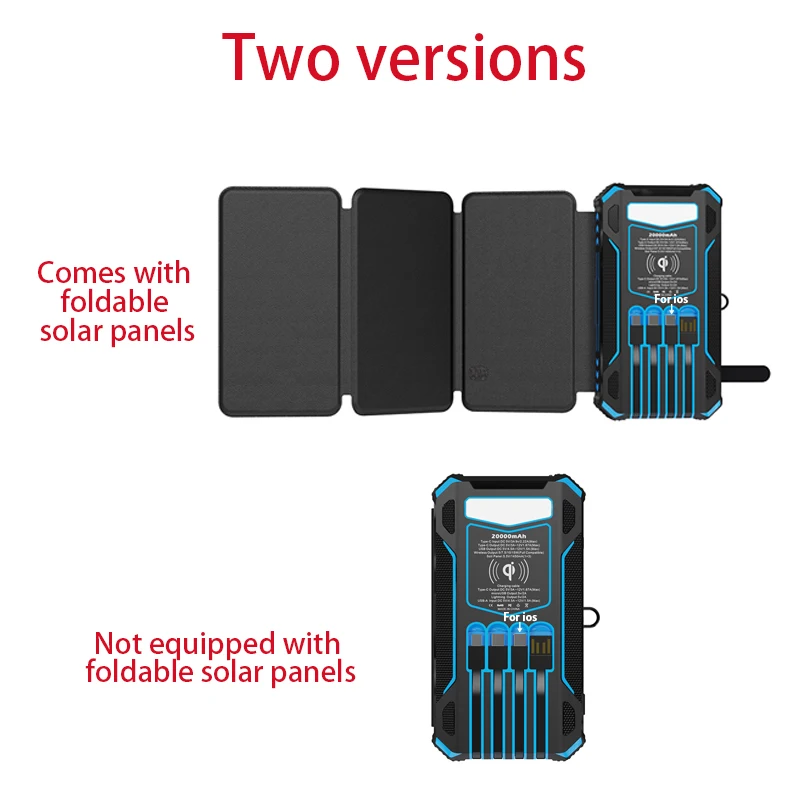 Wireless Solar Powerbank Built in 4 Fast Output Data Cable Power Banks & Powerstation Foldable Solar Panels Power Bank 20000mah