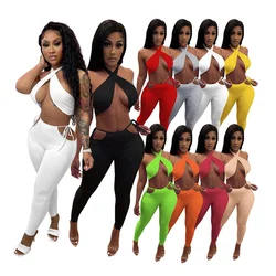 2021 Summer Solid Color Sexy Two Piece Pants Set Women Clothing High Elastic Waist Hollow Sleeveless Bodysuit