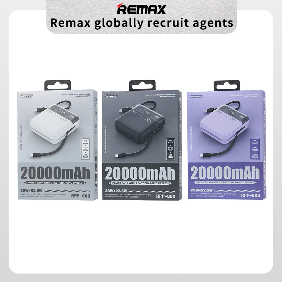 Remax Power Bank With 2 Fast Charging Cables Pd 20w+qc 22.5w Rohs Power ...