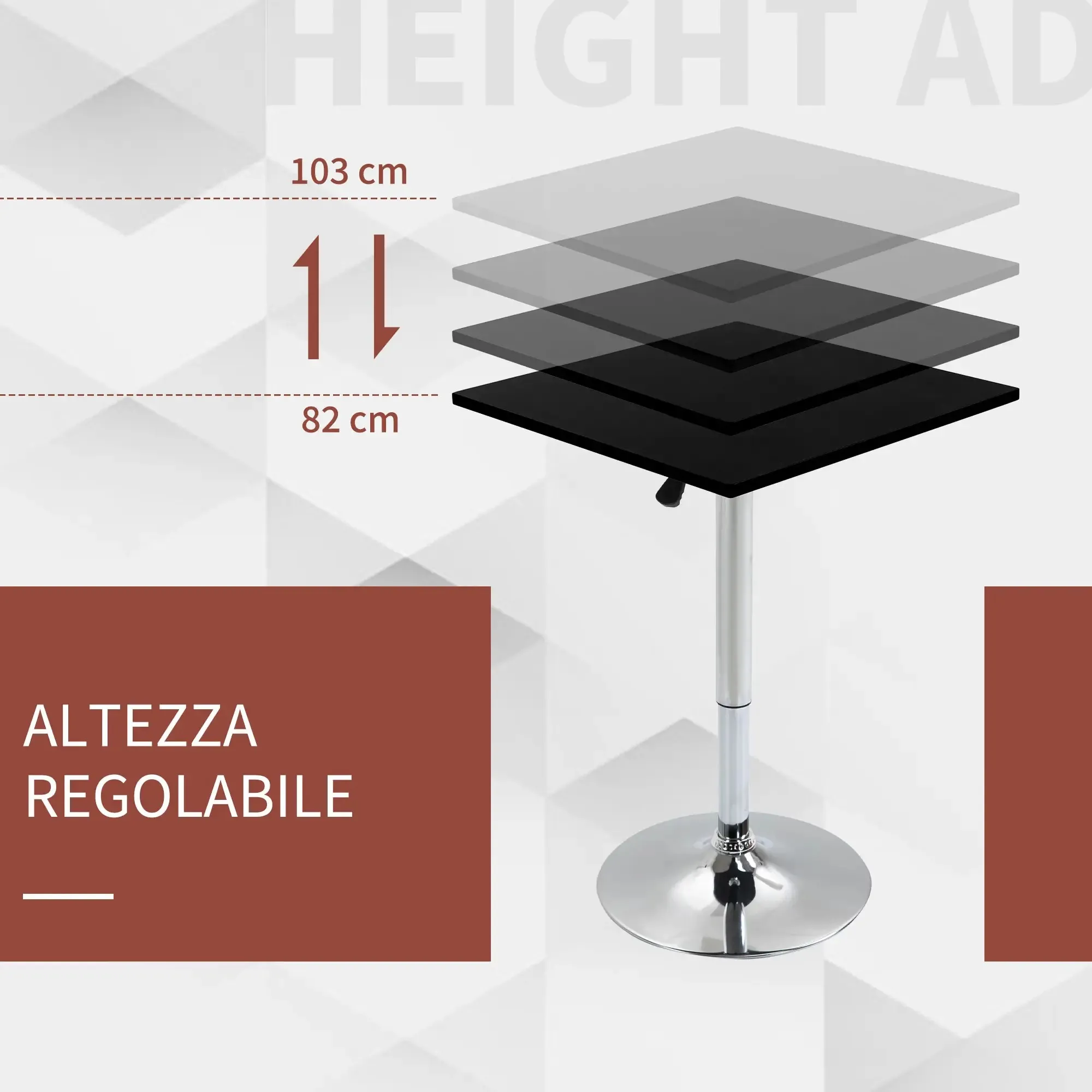 HOMCOM Height Adjustable Square Table, Metal and MDF, Bar Table, Kitchen, Living Room, Black, 60x60x69-93cm