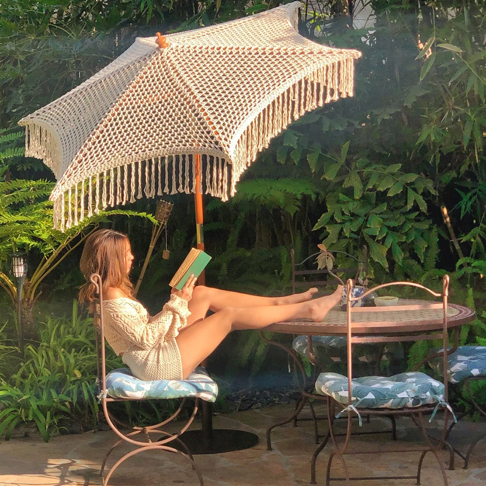 crochet patio umbrella Luxury Crochet Patio Wooden Umbrella Handmade Cotton Tassels Parasol  Macrame Beach Umbrella With Fringe