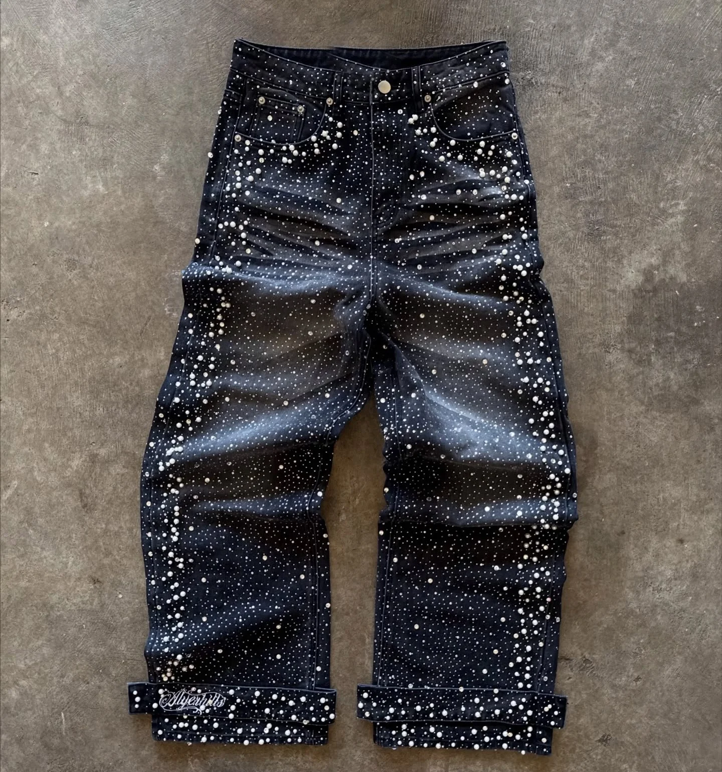 Custom Dark Washed Vintage Denim Pants Embroidery Wide Leg Casual Jeans Rhinestones Pearls Designer Baggy Men's Jeans