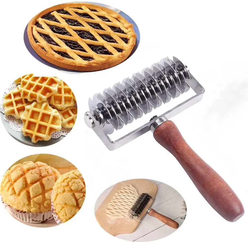Stainless Steel Dough Roller Cutter With Wood Handle Cookie Pie Dessert Pizza Bread Pastry Crust Roller Cutter