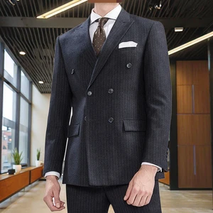 High Quality 3 Pieces Mens Suits Jacket Tailoring Formal Business Suit Set Striped Double Breasted Slim Fit Wedding Suits