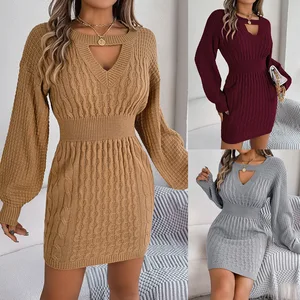 2025 Autumn and Winter Dress, Solid Color, Cable Knit, Hollow Out, Lantern Sleeve, Body-Hugging Sweater Dress