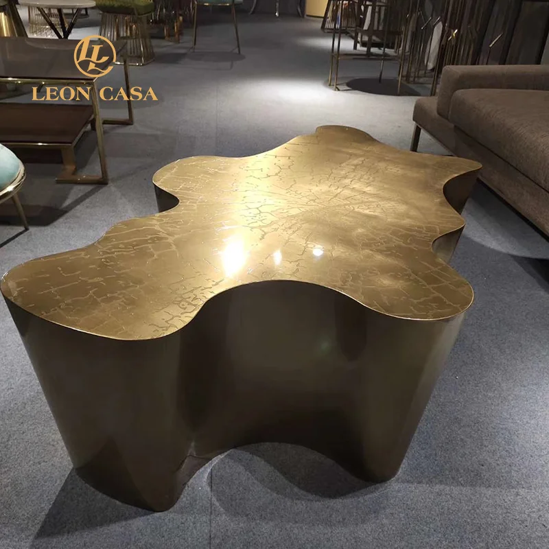 Unique Design Etching Top Tree Trunk Shape Center Table Luxury Stainless Steel Gold Coffee Table