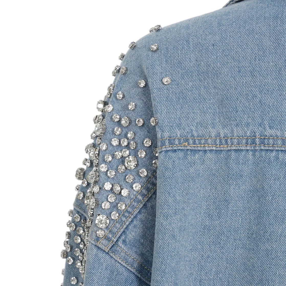 Fashion Street Wear Custom ODM Blue Jean Outdoor Motorcycle Diamond Jacket Women Rhinestone Denim Jacket