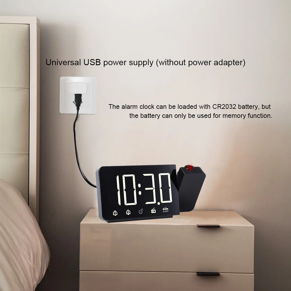 FM Radio Alarm Clock LED Projection Large Digital Projector Wall Table Snooze USB Nightlight Watch Time Projection Alarm Clock