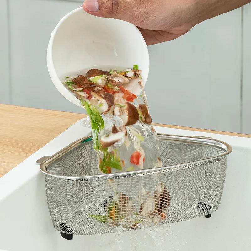 Stainless Steel Kitchen Sink Basin Triangle Dish with Filter Drain Basket for Leftovers Garbage Residue Storage Metal Material