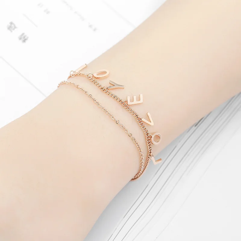 Latest Model 18k Rose Gold Plated Double Stainless Steel Chain Love Charm Design Hotwife Anklet Bracelets