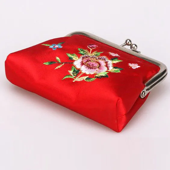 Fabric Coin Purse Pink Asian Pattern Snapping Kiss Closure Red