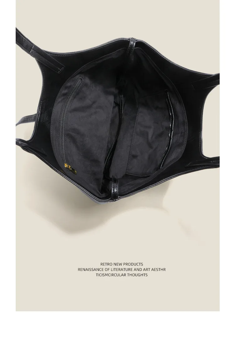 Soft Leather Genuine Leather Womens Tote Bag Large Capacity High-End Black Commute Shoulder Bucket Bag Drawstring Closure
