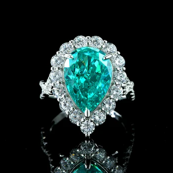Hailer Jewelry pear cut lab created blue green stone synthetic paraiba tourmaline S925 silver cocktail rings for women