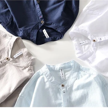 New Fashion Spring Autumn Men Long Sleeve T-shirt Clothes For Men Mandarin Collar Loose Casual Solid Cotton Linen Men Shirt