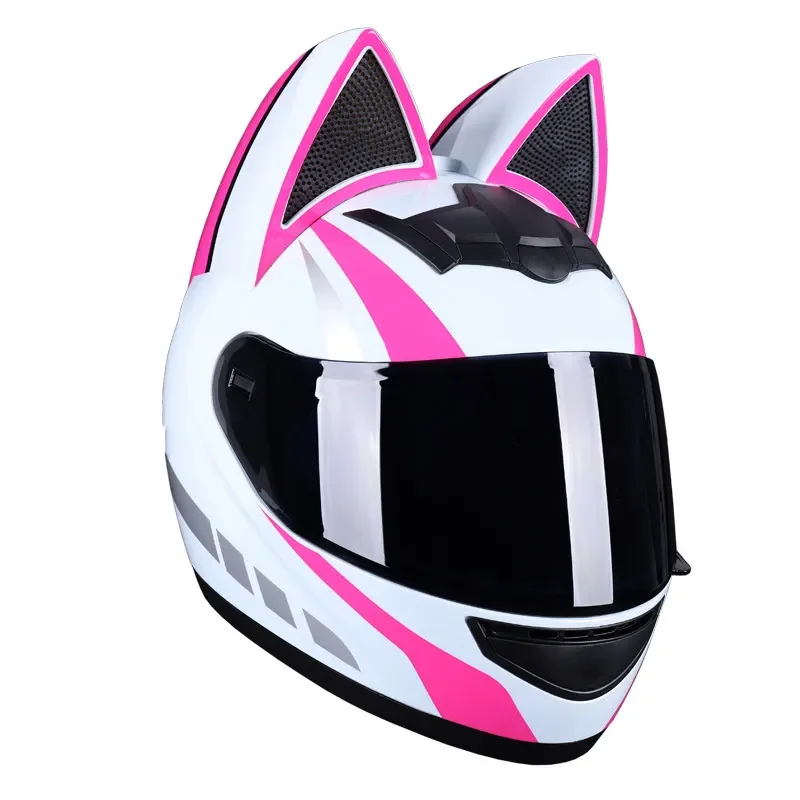 cat ears full face motorcycle helmets Black HNJ Helmet with & Blue Visor Fashionable Motorcycle Car Ear Helmet