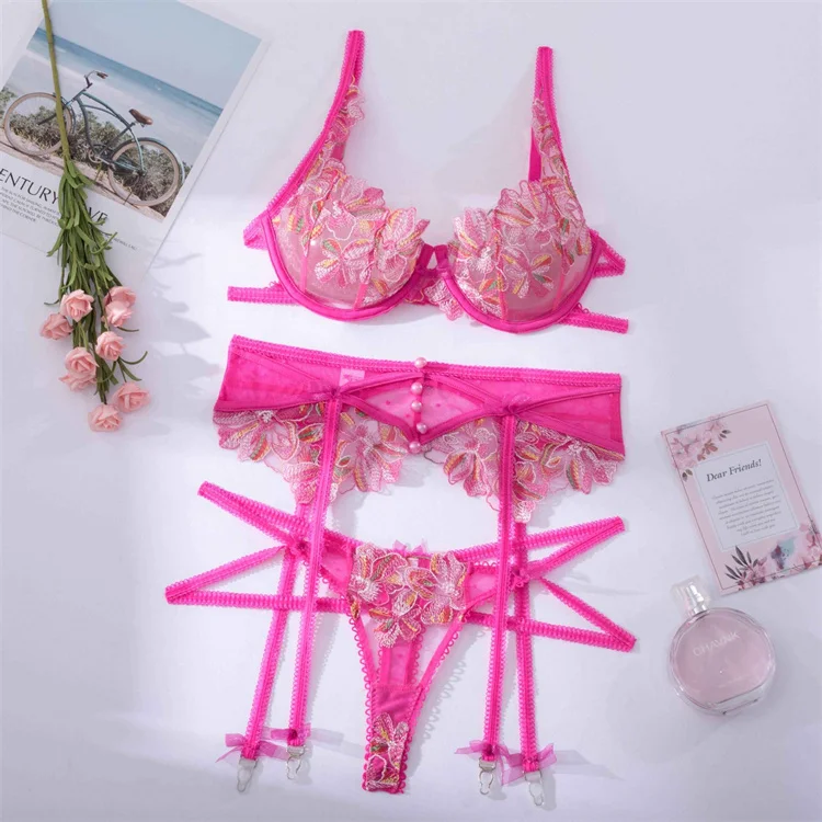Spring Summer Pink Underwear 3 Pieces Bra Thong Set Floral Intimates ...