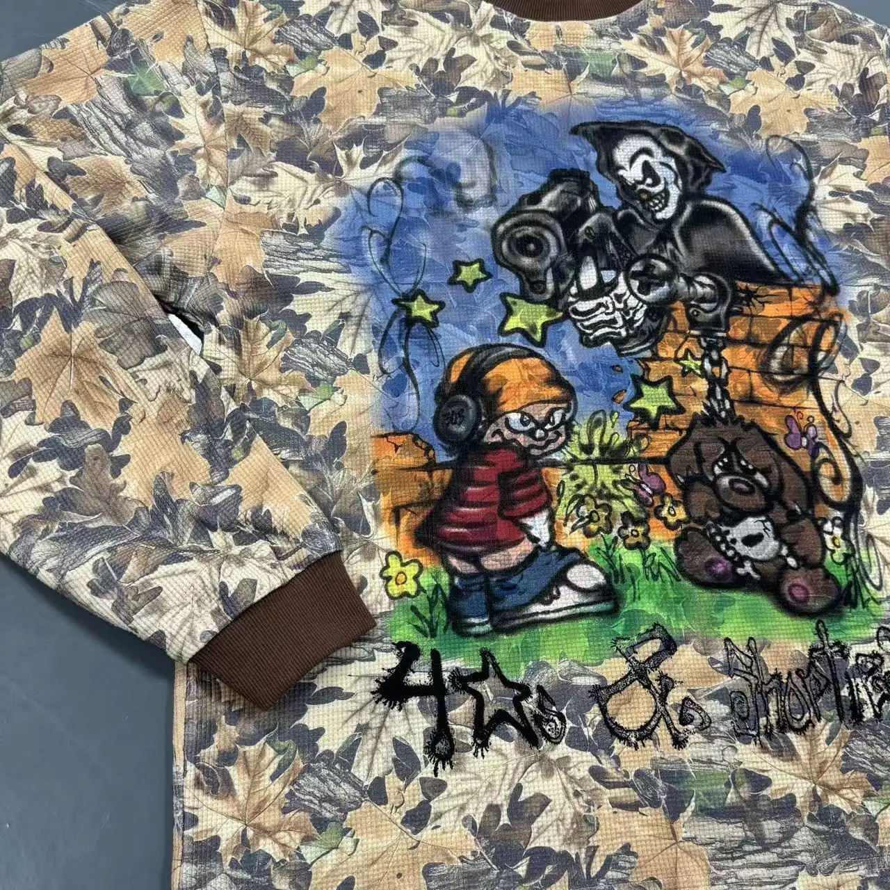 For Custom Long Sleeve O-Neck T-Shirt Waffle Knitted Regular Boxy Cotton Graphic Print Camo Men's Breathable Streetwear gallery 3