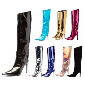 2021 New Fashion Show Autumn Winter Sequined Breathable ZIP Closure Super High Heel High-Heeled Pointed Toe Knee-High Foreign