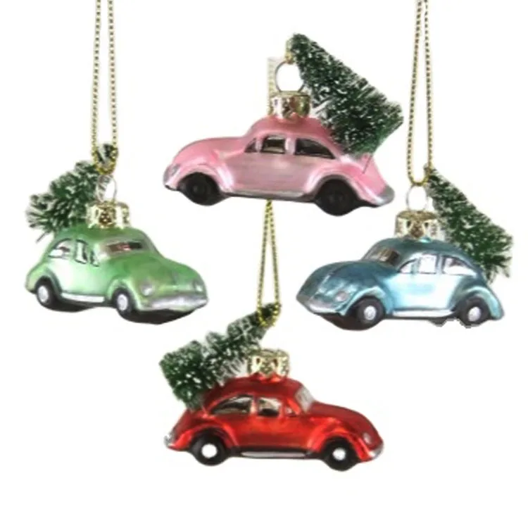 Custom made assorted colors hand painted blown glass hanging Christmas tree tiny car ornament with green plastic tree