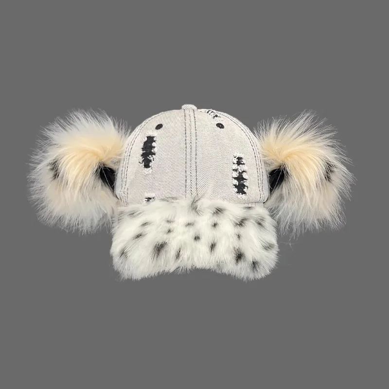 Y2K Women's Sporty Winter Baseball Cap Distressed Denim Dog Ear