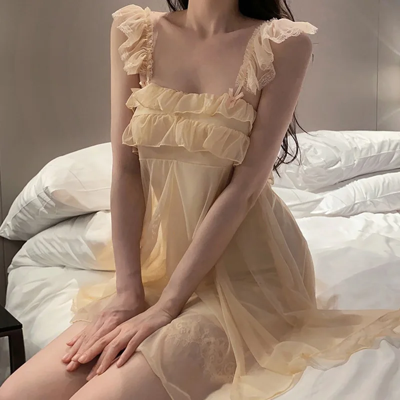 chinese dress ladies Summer Sexy Night Dress Lace Nightgown Women's New Lingerie Backless Lace V-Neck Nightwear Satin Nightdress with Pad Homewear Image Color / XL