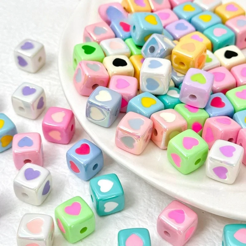 Candy Colored Coated Heart Shape Square Cube Acrylic Beads for Mobile Phone Chain Making