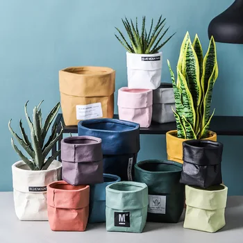 Kraft Paper Bag Shape Ceramic Plant Pots Ceramic Outdoor Nordic Style Colorful Ceramic Succulent Planter Pots for Indoor Plants