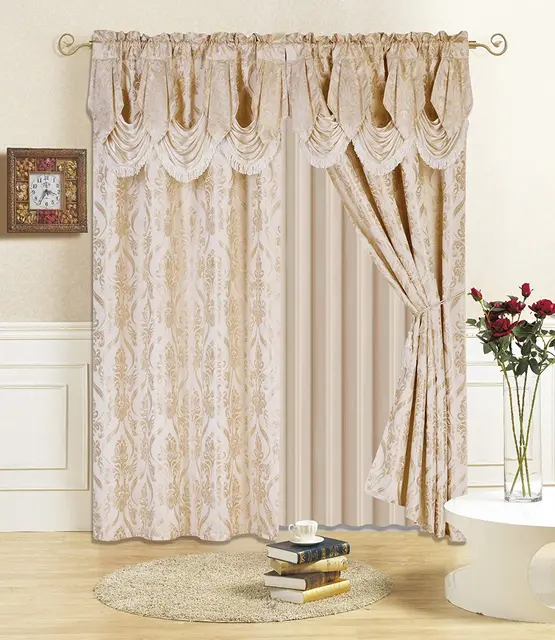 4 Piece Drape Set with Attached Valance and Sheer with 2 Tie Backs Included for Living Room(63" Length, Black)