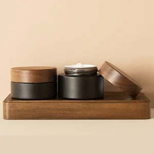 Matte Black 30g 50g 1oz 1.67oz Glass Jar Plastic Walnut Wooden Cap Wood Cosmetic Packaging for Skin Care Cream Jar Container