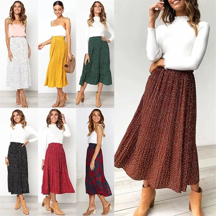 Women's Vintage Pleated Floral Print Midi Skirt - A-Line With Pockets, Black-White-Dot - View #9