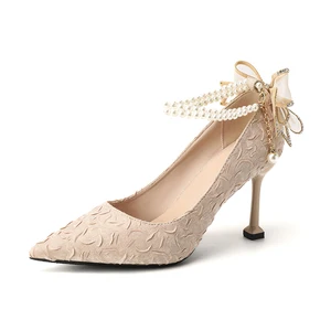 Elegant Beige Textured Fabric Pointed Toe Comfortable Summer Stiletto Heel Pumps with Pearl Bow & Rhinestone Accent for Women