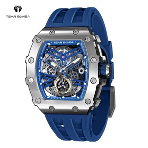 TSAR BOMBA Mechanical Watches for Men Sapphire Tonneau Wristwatch Skeleton Blue Clock Fashion Luxury Mens Automatic Watch