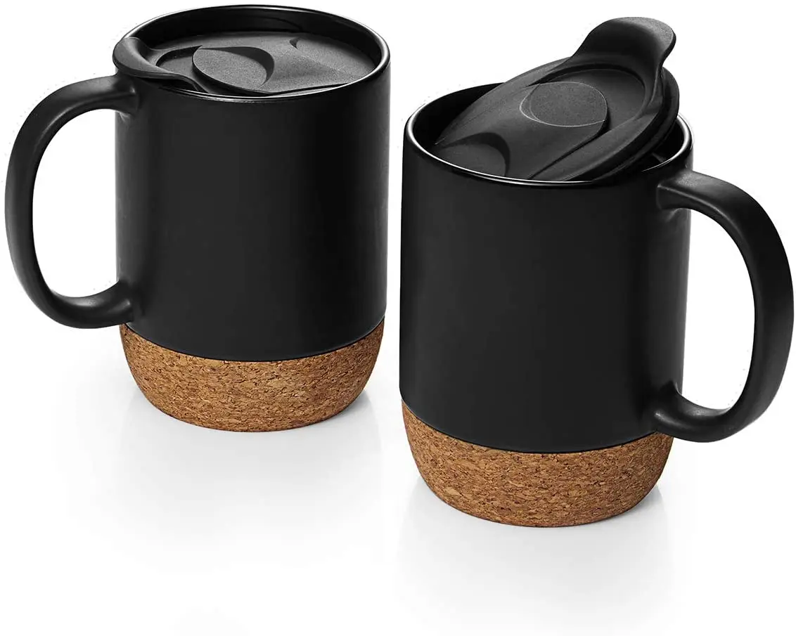 Source DHPO Coffee Mugs Set of 2, 15 OZ Ceramic Mug with Insulated Cork  Bottom and Splash Proof Lid, Large Coffee Mug with Handle on m.