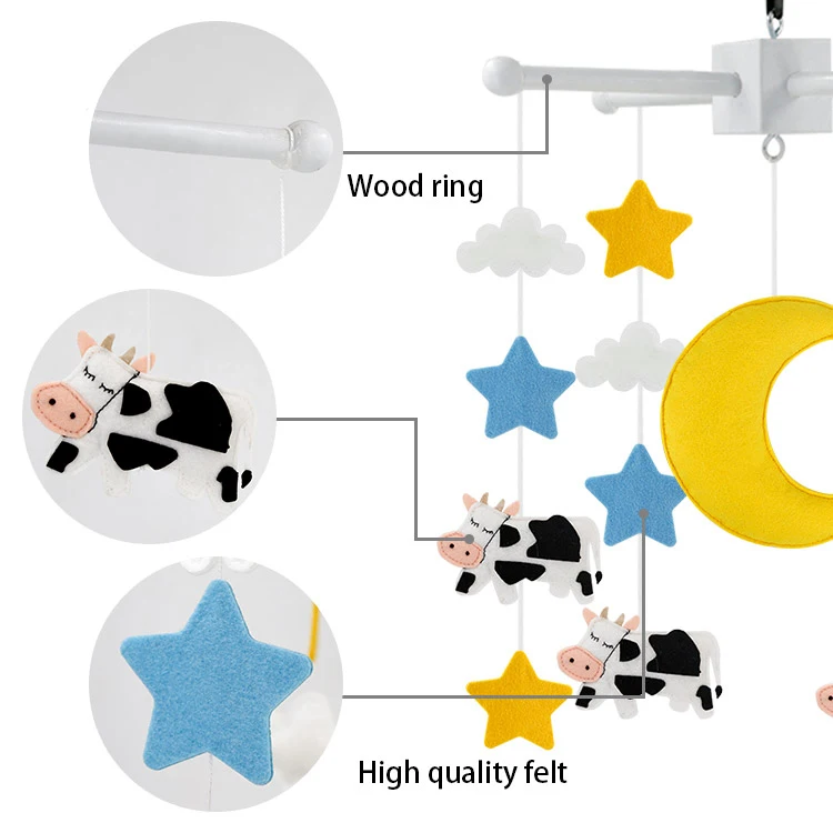 
Деревянное кольцо, горячая Распродажа, войлочные игрушки ручной работы для детей, мобильные изделия, коров, войлочные музыкальные игрушки, вешалка для детской кроватки 