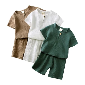 Children's clothing short sleeve summer set baby cotton and linen button short sleeve T-shirt shorts thin two-piece suit