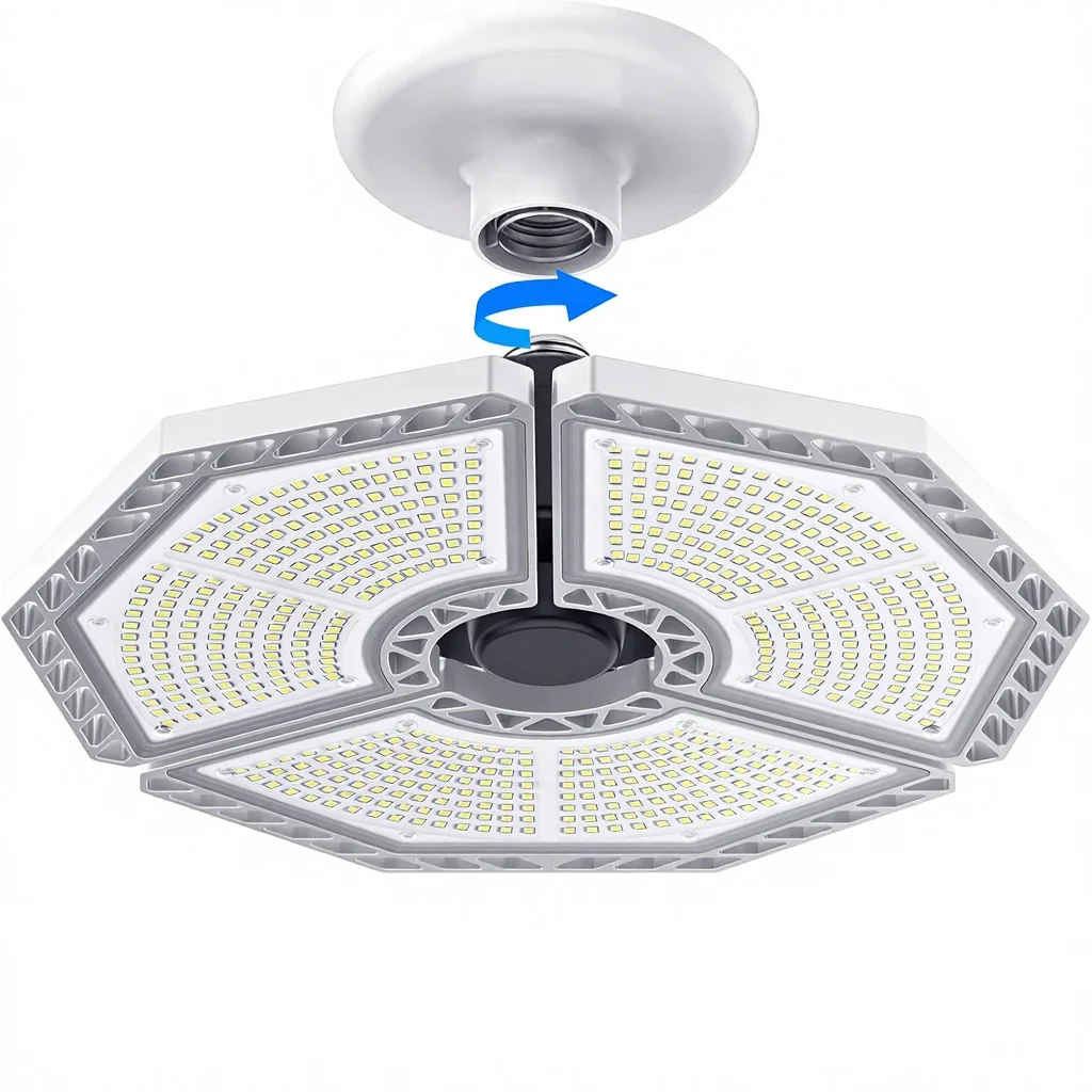 KERNOWO 140 W, 18 500 lumen, 6000 K dagljus, deformerbart LED-garageljus med tre paneler, IP20, E26/E27, trefaldig lysning för garage och verkstad