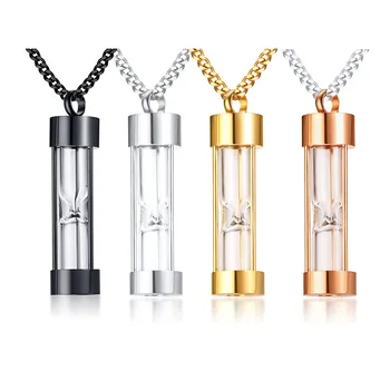 RFJEWEL Unique Delicate Transparent Can Open Hourglass Perfume Ashes Box Stainless steel Pendant Necklace