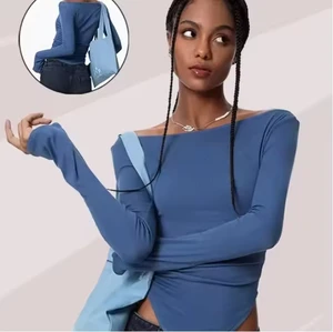 Slash Long Sleeves Flare Slim Fit Pullover Top Sexy Solid One Shoulder Tight Ruched Crop T-Shirt Breathable Front Logo