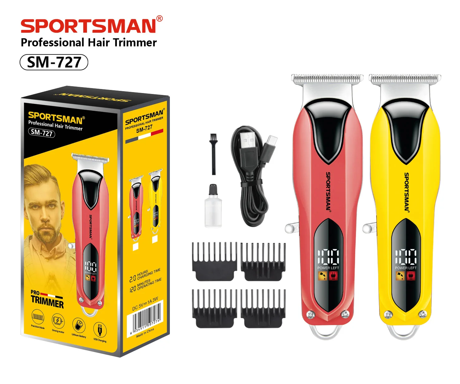 Professional Cordless Hair Clippers for Men 6,000 RPM Motor Adjustable Stainless Steel LED Display 120-Min Runtime USB English