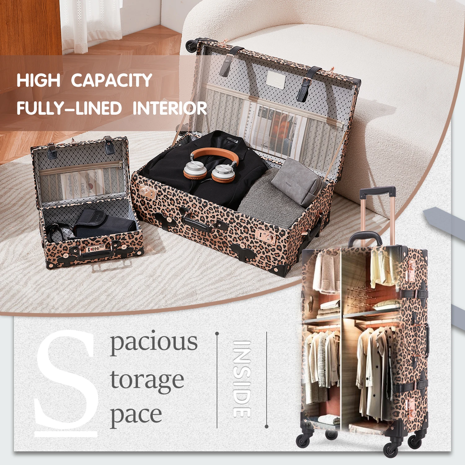 UNIWALKER FACTORY Vintage Suitcase Set with TSA Lock, ODM OEM Handmade Faux Leather Leopard Spinner Trunk Luggage for Women