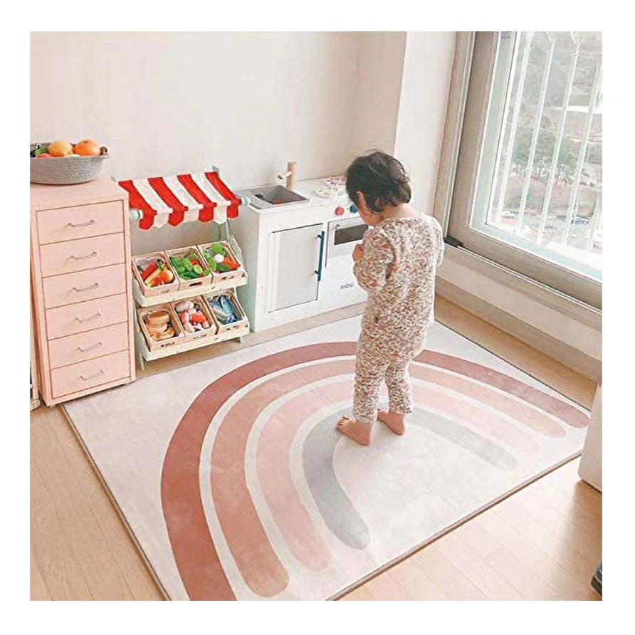 Cute Rainbow Carpet Printed Play Mat Faux Sheepskin Baby Game Kids